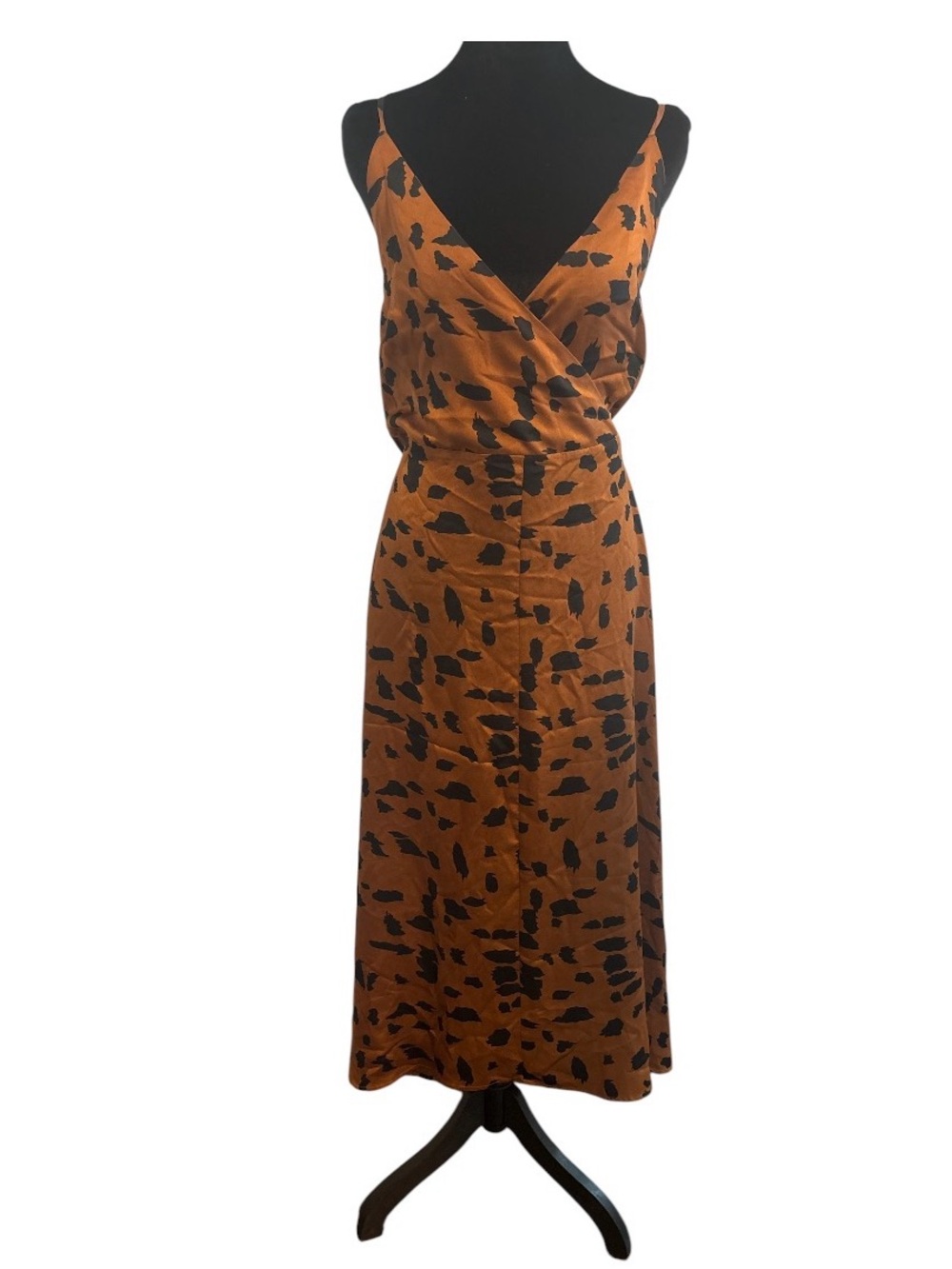 Satin Copper-Brown Animal Print Midi Slip Dress